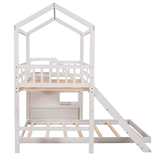 Harper & Bright Designs House Bunk Beds with Slide and Stairs Twin Over Full Bunk Bed Wood Playhouse Low Bunk Bed for Kids Girls Boys Teens, White