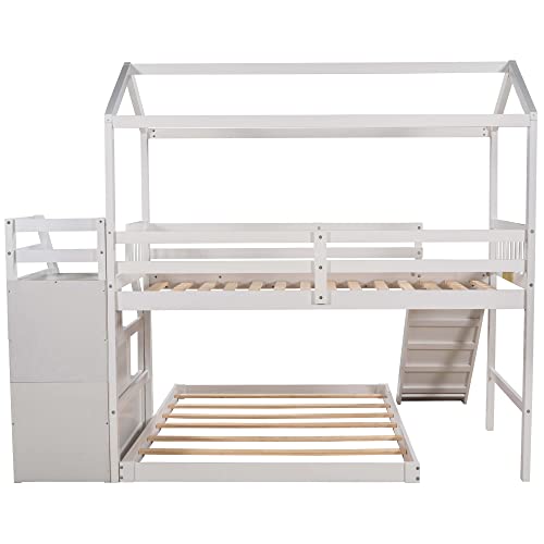 Harper & Bright Designs House Bunk Beds with Slide and Stairs Twin Over Full Bunk Bed Wood Playhouse Low Bunk Bed for Kids Girls Boys Teens, White