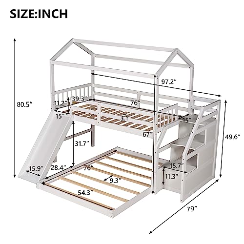 Harper & Bright Designs House Bunk Beds with Slide and Stairs Twin Over Full Bunk Bed Wood Playhouse Low Bunk Bed for Kids Girls Boys Teens, White