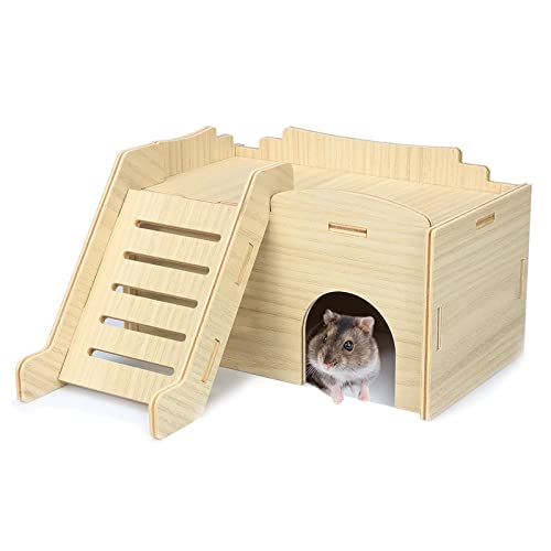 Jevnd Syrian Hamster Hideout, Woodland Hamster House Habitats Decor, Gerbil House with Climbing Ladder and Window, Detachable Hamster Toys, Handmade Hamster Hut Play/Chew/Hide for Gerbil and Lemmings