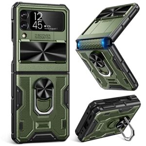 caka for galaxy z flip 3 case, z flip 3 case with camera cover, hinge protection& kickstand with built-in 360°rotate ring stand magnetic protective phone case for samsung galaxy z flip 3 -green