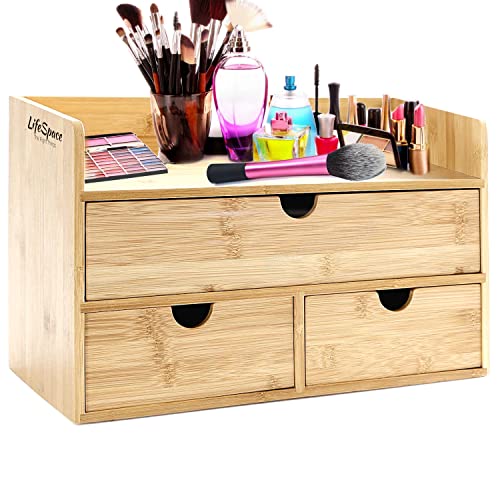 LifeSpace. Bamboo Makeup Organizer, Wooden Bathroom Counter Organizer, Vanity Wood Makeup Organizer with Drawers, Bedside Table Organizer Womens for Skin Care Cosmetics. No Assembly Required.