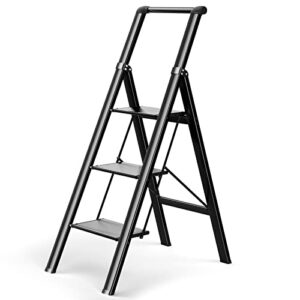 3 step ladder, folding step stool with wide anti-slip and sturdy pedal, convenient handgrip, aluminum lightweight portable step stool for adults multi-use for home and kitchen, black, 330 lbs