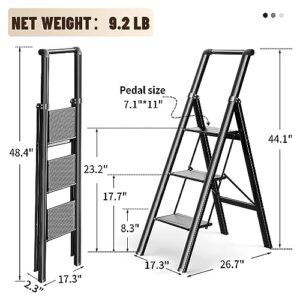 3 Step Ladder, Folding Step Stool with Wide Anti-Slip and Sturdy Pedal, Convenient Handgrip, Aluminum Lightweight Portable Step Stool for Adults Multi-Use for Home and Kitchen, Black, 330 lbs