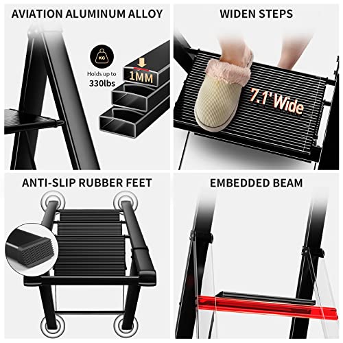 3 Step Ladder, Folding Step Stool with Wide Anti-Slip and Sturdy Pedal, Convenient Handgrip, Aluminum Lightweight Portable Step Stool for Adults Multi-Use for Home and Kitchen, Black, 330 lbs