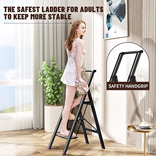 3 Step Ladder, Folding Step Stool with Wide Anti-Slip and Sturdy Pedal, Convenient Handgrip, Aluminum Lightweight Portable Step Stool for Adults Multi-Use for Home and Kitchen, Black, 330 lbs