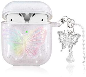 aiiko 3d butterfly airpod case with keychain clear glitter airpod gen 2 case for women girl soft tpu shockproof protective compatible apple airpods 1st 2nd generation charging case