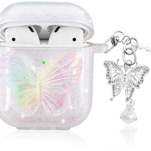 Aiiko 3D Butterfly Airpod Case with Keychain Clear Glitter Airpod Gen 2 Case for Women Girl Soft TPU Shockproof Protective Compatible Apple AirPods 1st 2nd Generation Charging Case