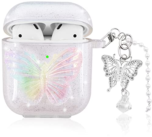 Aiiko 3D Butterfly Airpod Case with Keychain Clear Glitter Airpod Gen 2 Case for Women Girl Soft TPU Shockproof Protective Compatible Apple AirPods 1st 2nd Generation Charging Case