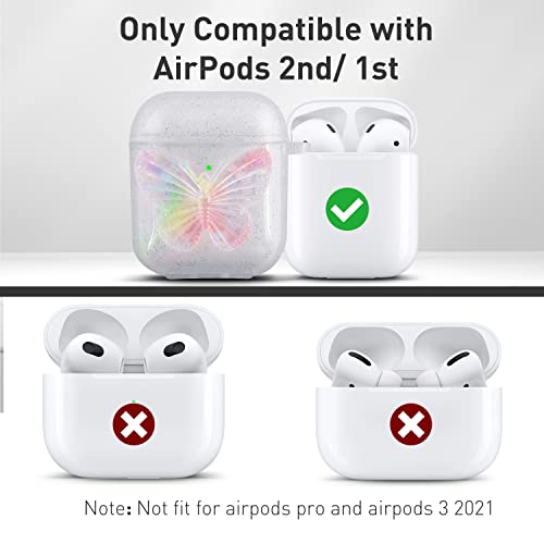 Aiiko 3D Butterfly Airpod Case with Keychain Clear Glitter Airpod Gen 2 Case for Women Girl Soft TPU Shockproof Protective Compatible Apple AirPods 1st 2nd Generation Charging Case