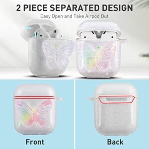 Aiiko 3D Butterfly Airpod Case with Keychain Clear Glitter Airpod Gen 2 Case for Women Girl Soft TPU Shockproof Protective Compatible Apple AirPods 1st 2nd Generation Charging Case