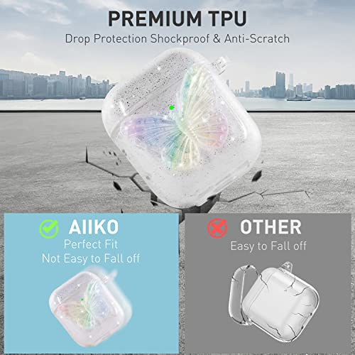 Aiiko 3D Butterfly Airpod Case with Keychain Clear Glitter Airpod Gen 2 Case for Women Girl Soft TPU Shockproof Protective Compatible Apple AirPods 1st 2nd Generation Charging Case