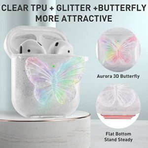 Aiiko 3D Butterfly Airpod Case with Keychain Clear Glitter Airpod Gen 2 Case for Women Girl Soft TPU Shockproof Protective Compatible Apple AirPods 1st 2nd Generation Charging Case