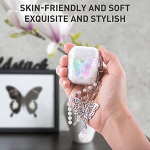 Aiiko 3D Butterfly Airpod Case with Keychain Clear Glitter Airpod Gen 2 Case for Women Girl Soft TPU Shockproof Protective Compatible Apple AirPods 1st 2nd Generation Charging Case