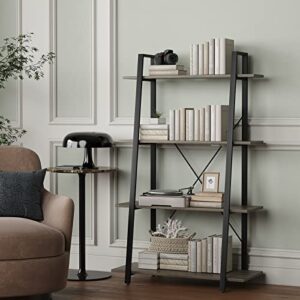 umesong 4-tier rustic ladder shelf wooden and metal bookshelf open industrial shelves modern leaning bookcase free standing shelving unit for living room, bedroom, office, kitchen (grey)