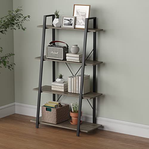 UMESONG 4-Tier Rustic Ladder Shelf Wooden and Metal Bookshelf Open Industrial Shelves Modern Leaning Bookcase Free Standing Shelving Unit for Living Room, Bedroom, Office, Kitchen (Grey)