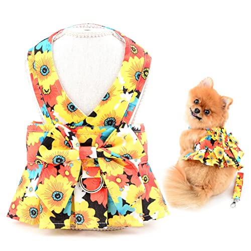 SMALLLEE_LUCKY_STORE Dog Floral Harness Dress with Leash Set,Bow Puppy Princess Dress for Small Medium Dog Cat Girls Adjustable Pet Skirt with D-Ring Female Dog Clothes Summer Apparel,Orange,L