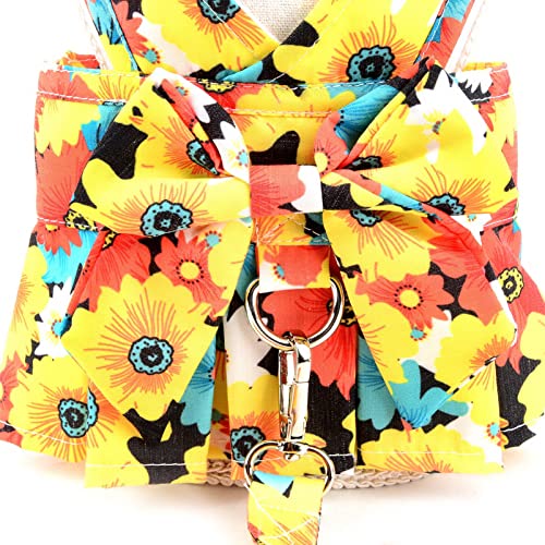 SMALLLEE_LUCKY_STORE Dog Floral Harness Dress with Leash Set,Bow Puppy Princess Dress for Small Medium Dog Cat Girls Adjustable Pet Skirt with D-Ring Female Dog Clothes Summer Apparel,Orange,L