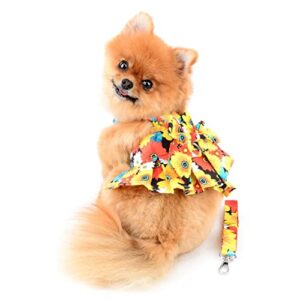 SMALLLEE_LUCKY_STORE Dog Floral Harness Dress with Leash Set,Bow Puppy Princess Dress for Small Medium Dog Cat Girls Adjustable Pet Skirt with D-Ring Female Dog Clothes Summer Apparel,Orange,L