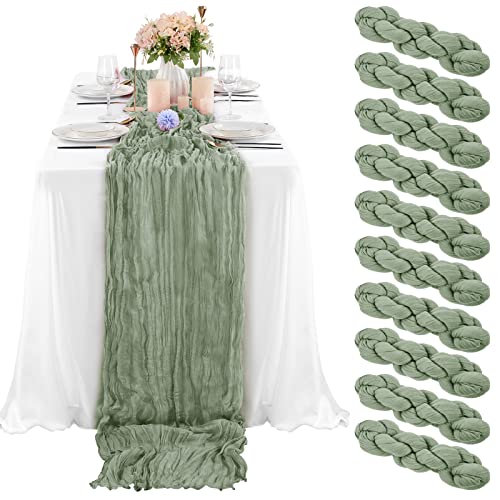 10 Pcs Sage Green Cheesecloth Table Runner 10FT, Gauze Table Runner for Wedding Reception Sheer Bridal Shower Birthday Party Boho Table Decoration, Rustic Romantic Wedding Runner