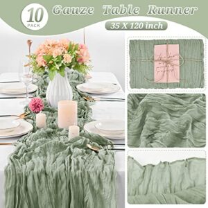 10 Pcs Sage Green Cheesecloth Table Runner 10FT, Gauze Table Runner for Wedding Reception Sheer Bridal Shower Birthday Party Boho Table Decoration, Rustic Romantic Wedding Runner