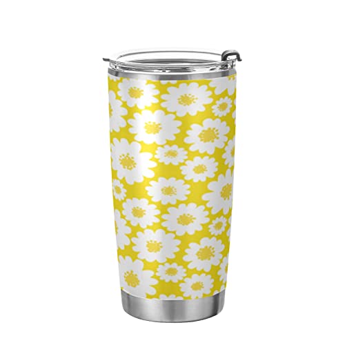 ALAZA White Daisy Flower on Yellow Insulated Travel Tumbler Mug with Lid & Straw Double Wall Vacuum Water Bottle Car Cup Stainless Steel, Hot and Cold Thermos, 20oz