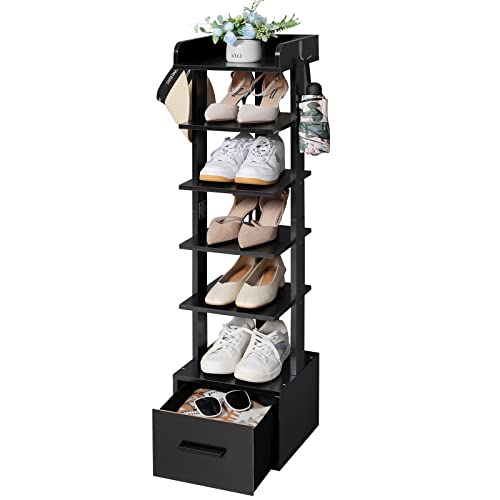 usikey 6 Tiers Vertical Shoe Rack, Entryway Wooden Shoe Rack with Bottom Drawer & Extra Top Storage, Tall Shoe Rack Organizer, Space Saving Shoe Tower, Shoe Storage Stand for Small Space, Black