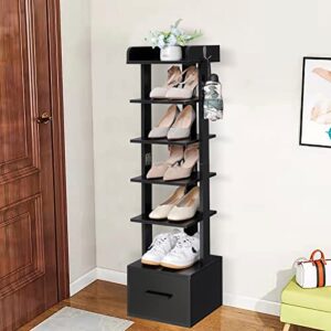 usikey 6 Tiers Vertical Shoe Rack, Entryway Wooden Shoe Rack with Bottom Drawer & Extra Top Storage, Tall Shoe Rack Organizer, Space Saving Shoe Tower, Shoe Storage Stand for Small Space, Black