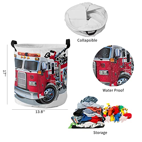 Laundry Basket Cartoon Fire Truck Red Grey Car,Waterproof Collapsible Clothes Hamper Patriotic Firefighter Trucks on White,Large Storage Bag for Bedroom Bathroom 42L