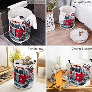 Laundry Basket Cartoon Fire Truck Red Grey Car,Waterproof Collapsible Clothes Hamper Patriotic Firefighter Trucks on White,Large Storage Bag for Bedroom Bathroom 42L