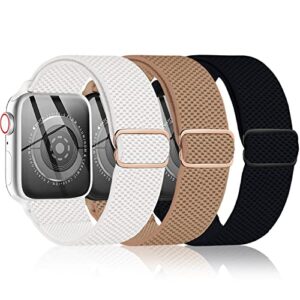 3 pack stretchy nylon band compatible with apple watch band 38mm 40mm 41mm for women men, adjustable sport solo loop elastic strap for iwatch series 7/6/5/4/3/2/1/se, black/white/brown