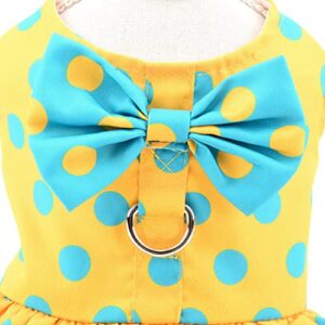 SMALLLEE_LUCKY_STORE Dog Harness Dress with Leash Set,Puppy Bow Princess Dress for Small Medium Dog Cat Girls Puppy Dress with D-Ring Female Dog Clothes Summer Pet Apparel,Yellow Retro Polka Dots,S