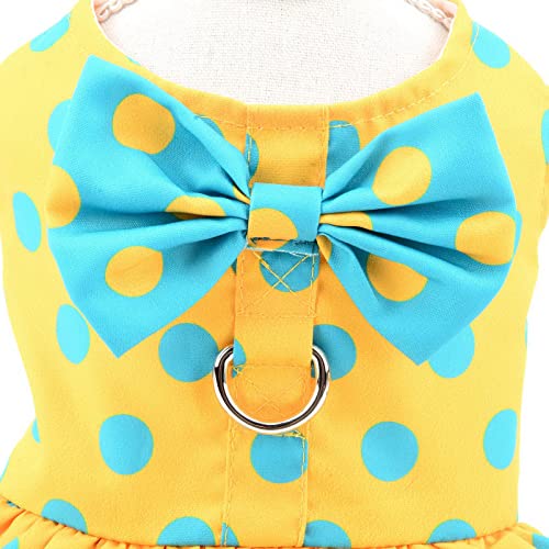 SMALLLEE_LUCKY_STORE Dog Harness Dress with Leash Set,Puppy Bow Princess Dress for Small Medium Dog Cat Girls Puppy Dress with D-Ring Female Dog Clothes Summer Pet Apparel,Yellow Retro Polka Dots,S