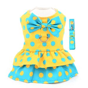 SMALLLEE_LUCKY_STORE Dog Harness Dress with Leash Set,Puppy Bow Princess Dress for Small Medium Dog Cat Girls Puppy Dress with D-Ring Female Dog Clothes Summer Pet Apparel,Yellow Retro Polka Dots,S