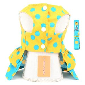 SMALLLEE_LUCKY_STORE Dog Harness Dress with Leash Set,Puppy Bow Princess Dress for Small Medium Dog Cat Girls Puppy Dress with D-Ring Female Dog Clothes Summer Pet Apparel,Yellow Retro Polka Dots,S