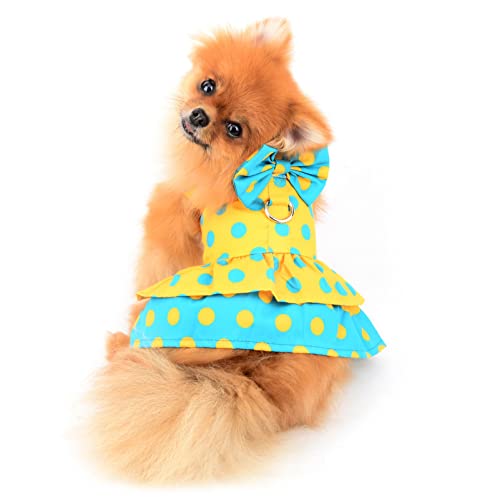 SMALLLEE_LUCKY_STORE Dog Harness Dress with Leash Set,Puppy Bow Princess Dress for Small Medium Dog Cat Girls Puppy Dress with D-Ring Female Dog Clothes Summer Pet Apparel,Yellow Retro Polka Dots,S