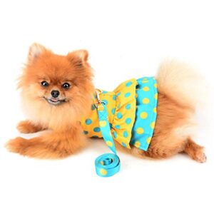 SMALLLEE_LUCKY_STORE Dog Harness Dress with Leash Set,Puppy Bow Princess Dress for Small Medium Dog Cat Girls Puppy Dress with D-Ring Female Dog Clothes Summer Pet Apparel,Yellow Retro Polka Dots,S