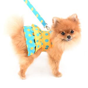 SMALLLEE_LUCKY_STORE Dog Harness Dress with Leash Set,Puppy Bow Princess Dress for Small Medium Dog Cat Girls Puppy Dress with D-Ring Female Dog Clothes Summer Pet Apparel,Yellow Retro Polka Dots,S