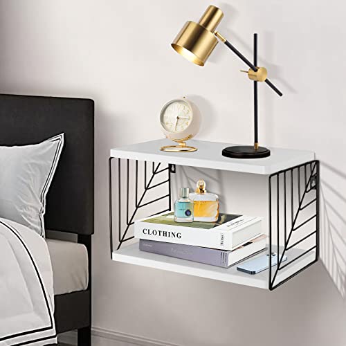 Floating Bedside Table Floating Nightstand Bedside Shelf Wall Mounted Nightstand 2 Tier Floating Wall Shelf Beside Table Floating Shelves for Wall in Bedroom, Living Room,Bathroom,Kitchen,Office,White