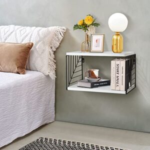 Floating Bedside Table Floating Nightstand Bedside Shelf Wall Mounted Nightstand 2 Tier Floating Wall Shelf Beside Table Floating Shelves for Wall in Bedroom, Living Room,Bathroom,Kitchen,Office,White