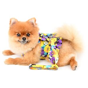 SMALLLEE_LUCKY_STORE Dog Floral Harness Dress with Leash Set,Bow Puppy Princess Dress for Small Medium Dog Cat Girls Adjustable Pet Skirt with D-Ring Female Dog Clothes Summer Apparel,Purple,S