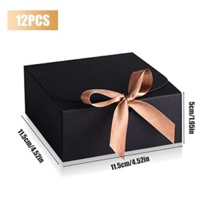 AIEX 12 Pcs Gift Boxes with Lids, 4.5" x4.5"x2" Present Boxes Square Gift Box with Champagne Wrap Ribbons, Gift Wrap Boxes for Birthday Wedding Party Christmas Chocolate Candy (Black)