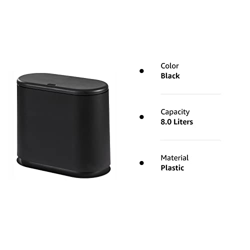 Cq acrylic 8L Slim Bathroom Trash Can Plastic 2.1 Garbage Can with Press Top Lid,Dog Proof Wastebasket Trash Can for Bedroom,Kitchen,Office,Living Room,Black