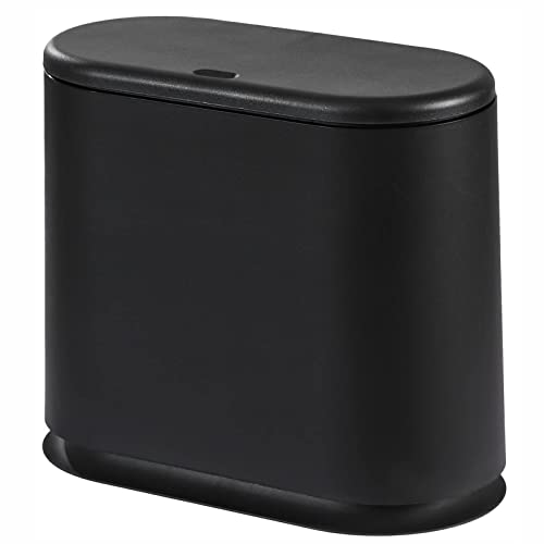 Cq acrylic 8L Slim Bathroom Trash Can Plastic 2.1 Garbage Can with Press Top Lid,Dog Proof Wastebasket Trash Can for Bedroom,Kitchen,Office,Living Room,Black