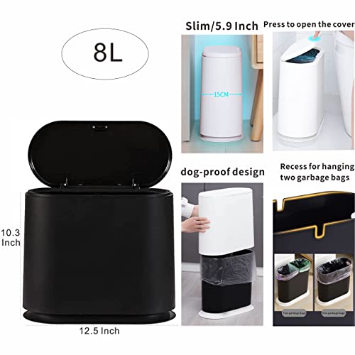 Cq acrylic 8L Slim Bathroom Trash Can Plastic 2.1 Garbage Can with Press Top Lid,Dog Proof Wastebasket Trash Can for Bedroom,Kitchen,Office,Living Room,Black