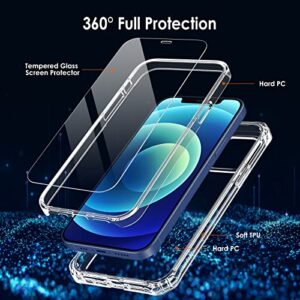 JETech Case for iPhone 12/12 Pro 6.1-Inch with 2-Pack Tempered Glass Screen Protector, 360 Full Body Shockproof Bumper Phone Cover Protective Clear Back (Clear)