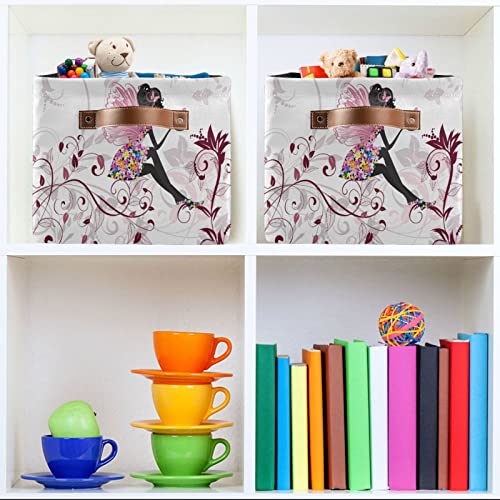 xigua Flower Fairy with Butterflies Square Storage Basket,Collapsible Sturdy Fabric Storage Basket Cube W/Handles for Clothes Toy Closet(1 pcs)