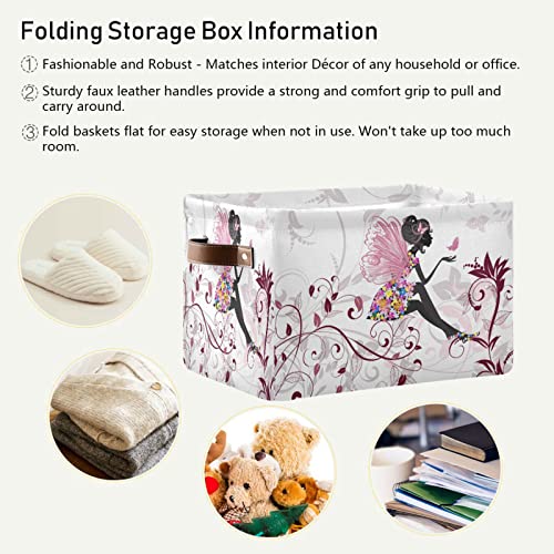 xigua Flower Fairy with Butterflies Square Storage Basket,Collapsible Sturdy Fabric Storage Basket Cube W/Handles for Clothes Toy Closet(1 pcs)