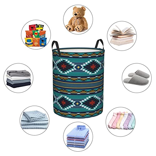 Blue Aztec Print Laundry Baskets, Canvas Fabric Laundry Hamper,Collapsible Clothes Hamper With Handles For Home,Office,Bedroom Medium