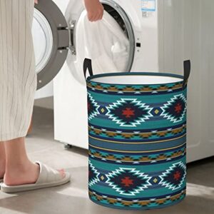 Blue Aztec Print Laundry Baskets, Canvas Fabric Laundry Hamper,Collapsible Clothes Hamper With Handles For Home,Office,Bedroom Medium